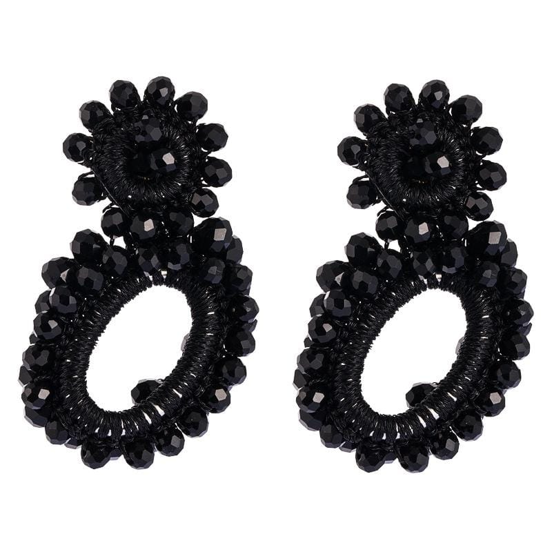 Hand-woven Bohemian Womens Earrings Hollow Oval String Rice Bead Earrings (Black)