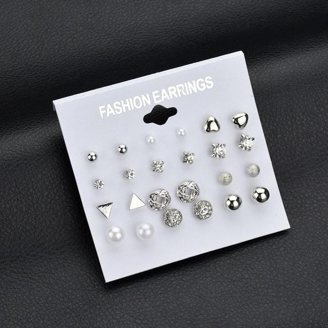 Square Crystal Stud Earrings Pearl Flower Earrings Set for Women (White Card Silver Color)