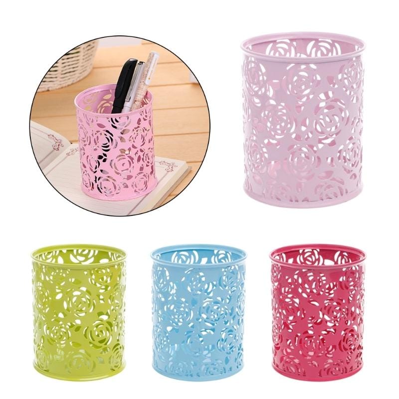 Hollow Flower Brush Storage Pen Pencil Pot Holder Container Desk Organizer (Pink)
