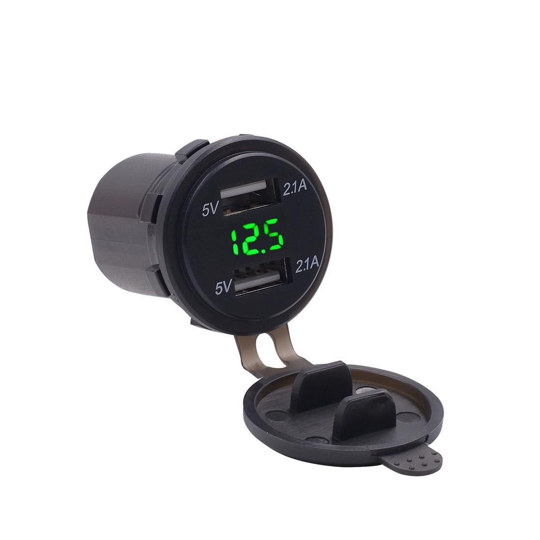 Motorcycle Waterproof 12-24V 2.1A Dual USB Charger Adapter + Voltmeter (Green Light)