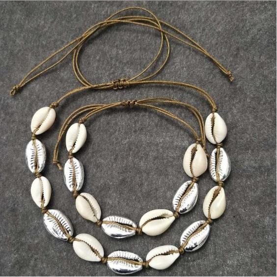 Shell Charm Hand Chain Necklace Beige Cord Hand Jewelry Necklace, Design:Silver whole set