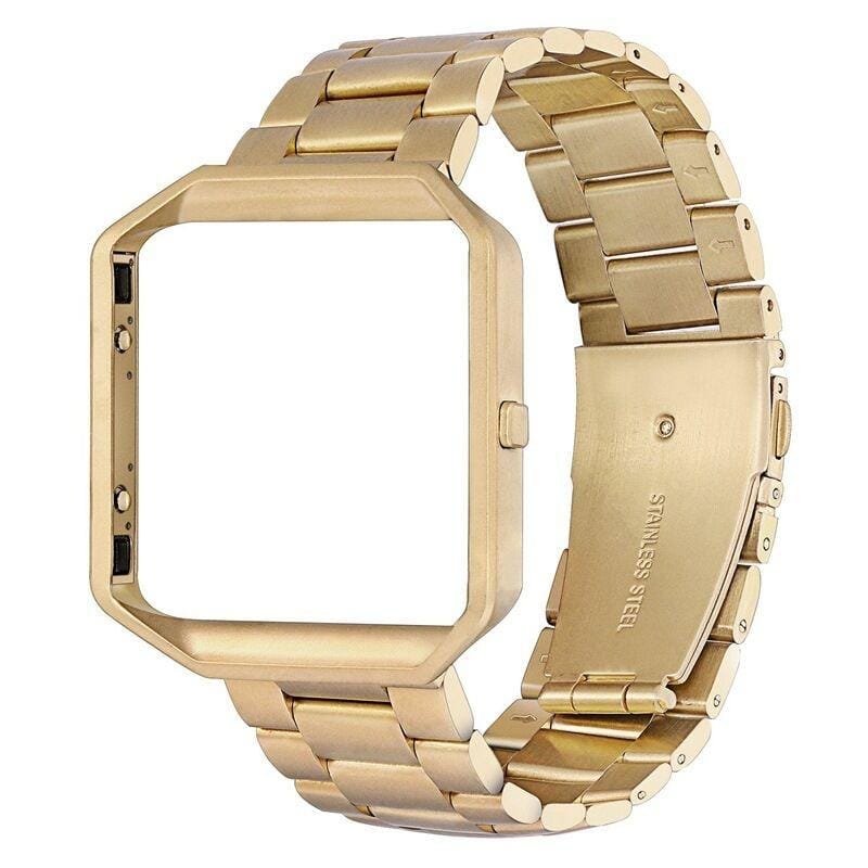 Suitable For Fitbit Blaze Smart Sports Watch Stainless Steel Metal Strap Metal Frame Butterfly Buckle Three Beads Strap (gold)