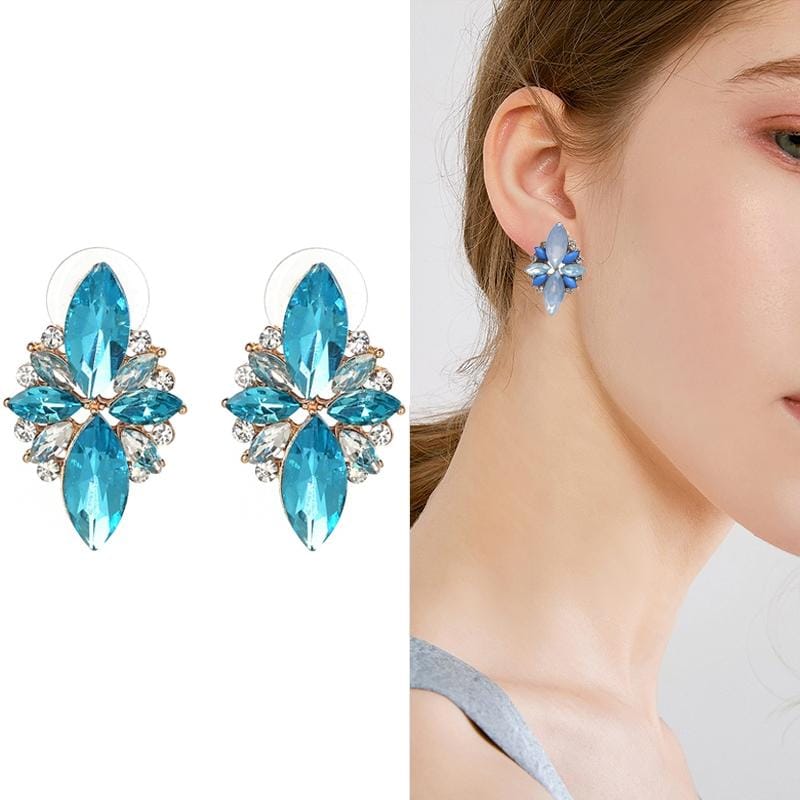 Five-leaf Petal Crystal Earrings Pink Diamond Earrings Simple Jewelry (Lake blue)