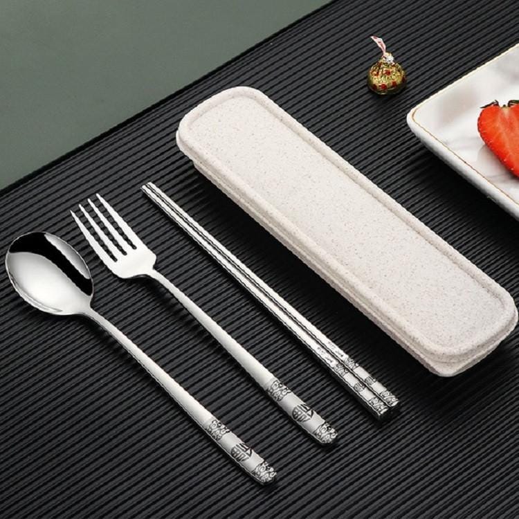 Stainless Steel Tableware Student Office Worker Portable Tableware Set, Specification:3 PCS / Set, Color:Silver