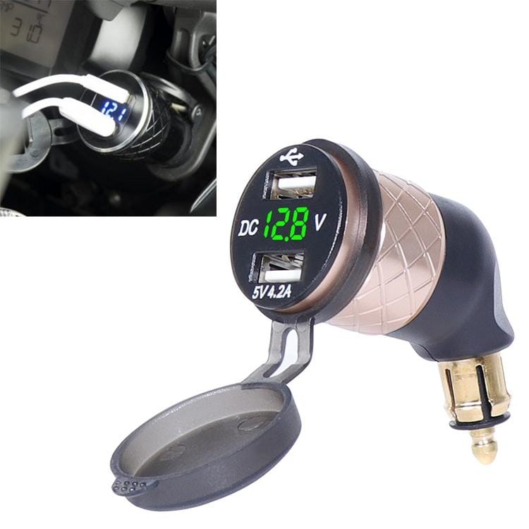 German EU Plug Special Motorcycle Elbow Charger Dual USB Voltmeter 4.2A Charger, Shell Color:Gold (Green Light)