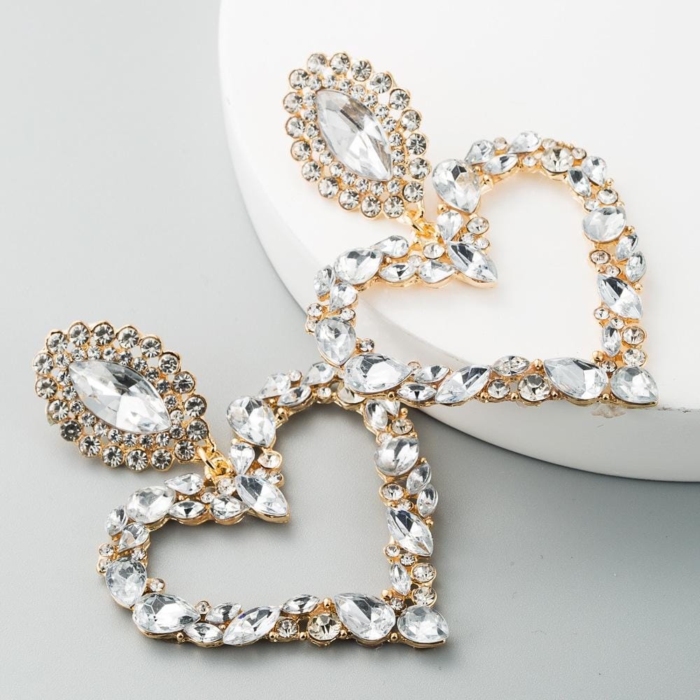 2 PCS Heart Shaped Alloy Retro Earrings With Colored Rhinestone Flashing Full Rhinestone Earrings (White)