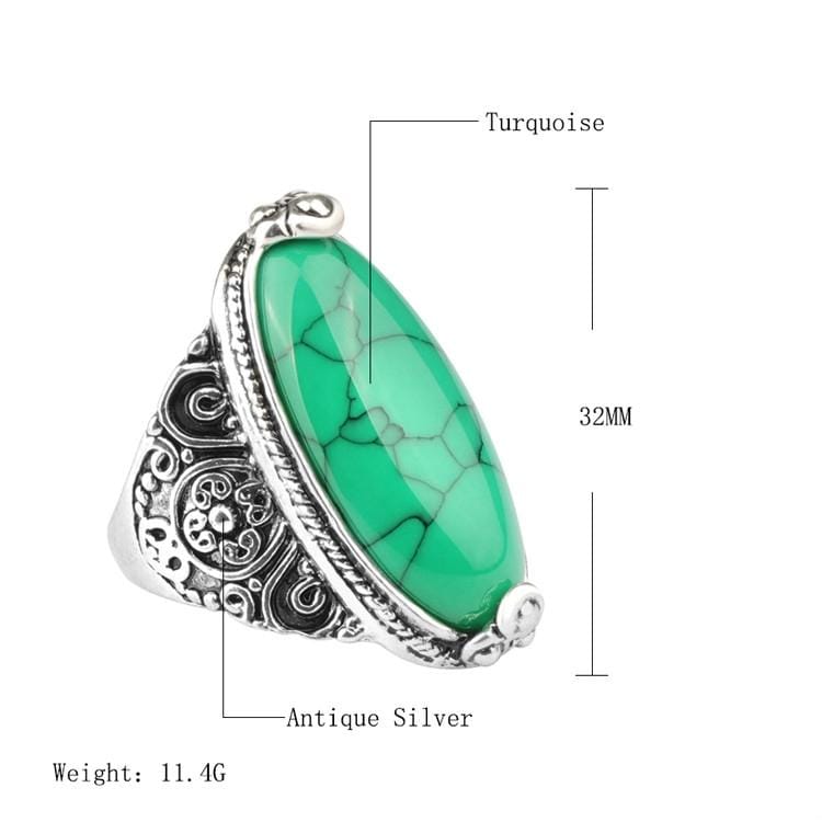 Fashion Vintage Oval Turquoise Flower Ring Women Antique Silver Jewelry, Ring Size:7 (Green)