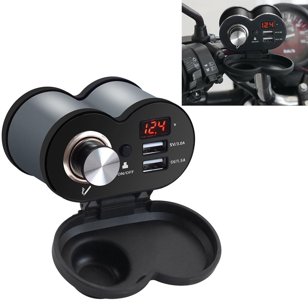 CS-834A1 Multi-function Motorcycle Waterproof Aluminium Alloy Mobile Phone Dual USB Charger Cigarette Lighter with Digital Display Switch (Grey)