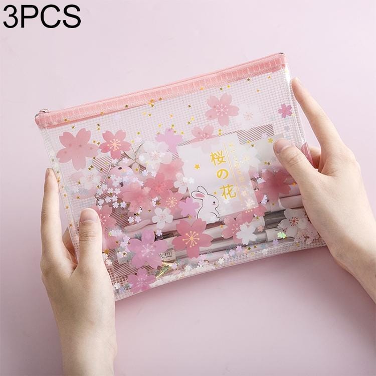 3 PCS Cat in Sakura Sequins Mesh Bag Folder, Color:A4