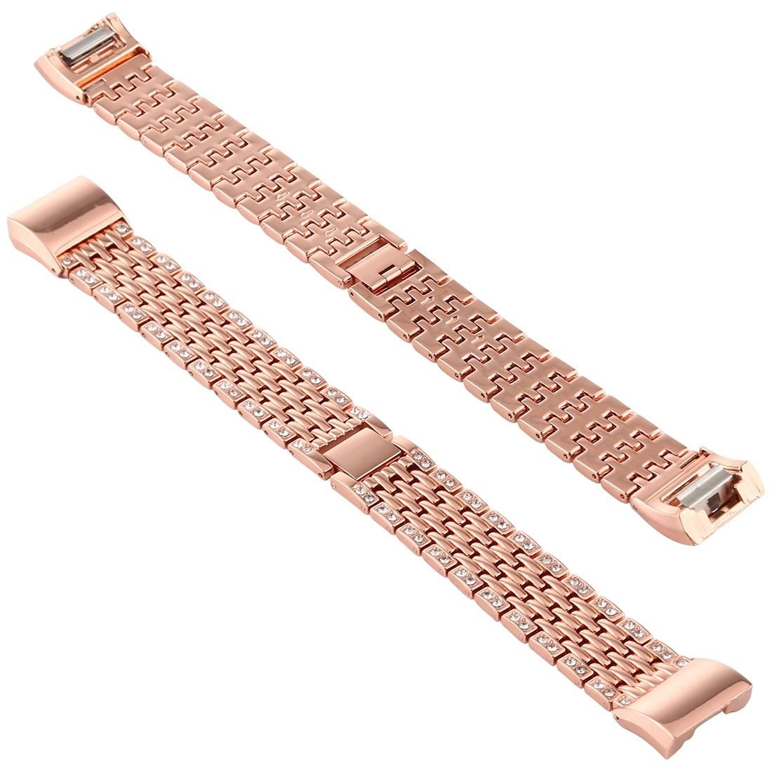 For Fitbit Charge 2 Diamond-studded Stainless Steel Replacement Wrist Strap Watchband (Rose Gold)