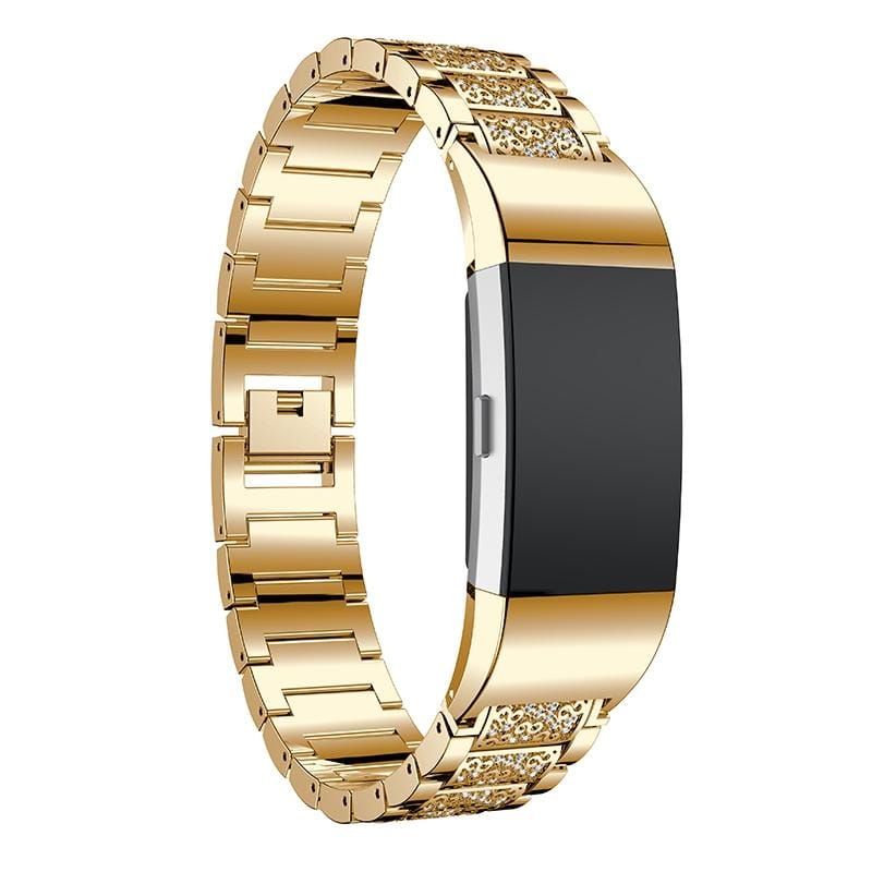 Diamond-studded Solid Stainless Steel Wrist Strap Watch Band for Fitbit Charge 2 (Gold)