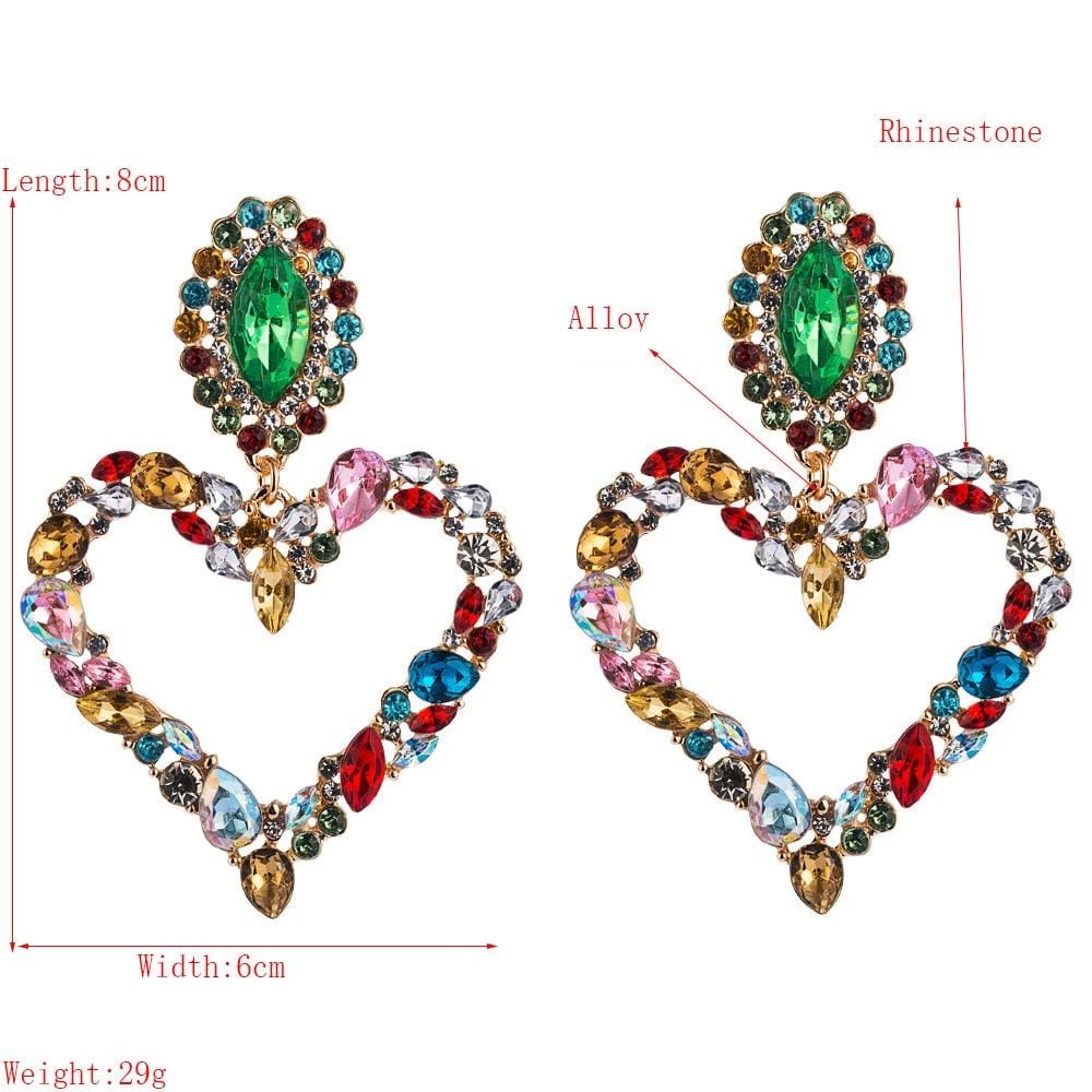 2 PCS Heart Shaped Alloy Retro Earrings With Colored Rhinestone Flashing Full Rhinestone Earrings (Color)