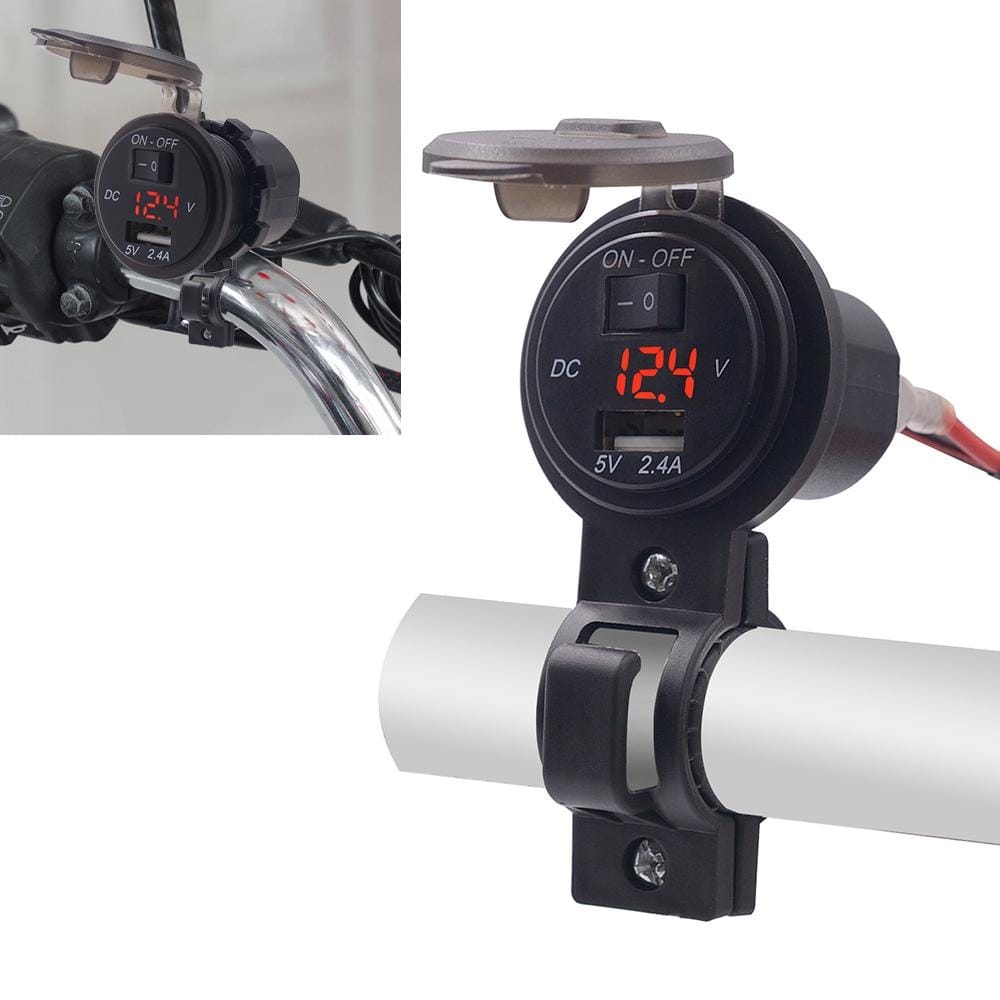 CS-587 12V 2.4A Motorcycle Waterproof Digital Display Voltage Mobile Phone USB Charger Holder (Red)