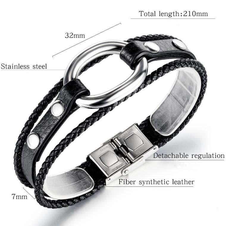 OPK 1398 Men Ring Titanium Steel Leather Bracelet Retro Multi-layer Woven Wristband, Color:Steel Color