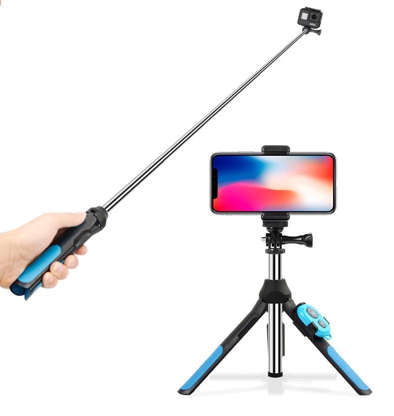 Multi-functional Foldable Tripod Holder Bluetooth Remote Control Selfie Stick Monopod for GoPro HERO7 /6 /5 Session /5 /4 Session /4 /3+ /3 /2 /1, Xiaoyi Sport Cameras, Length: 19-93cm (Blue)