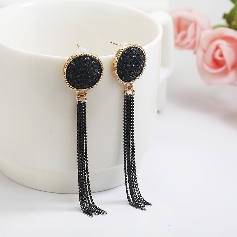 Fashion Black Rhinestone Long Drop Earrings For Women Jewelry (BLACK)