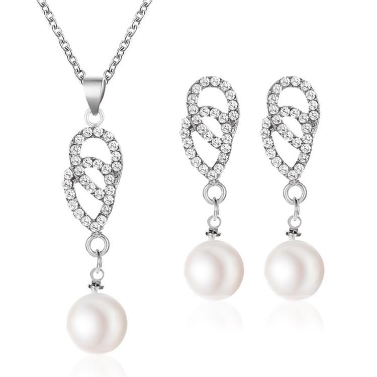 Elegant Double Ring Pearl Pendant Necklace Hook Earrings Set Wedding for Women (White)