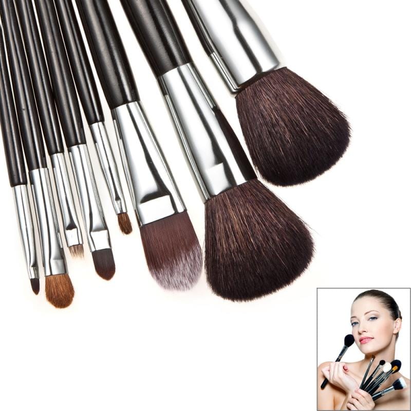 8pcs Top-grade Mink Hair Black Handle Makeup Brush Set with Dark Brown Pouch