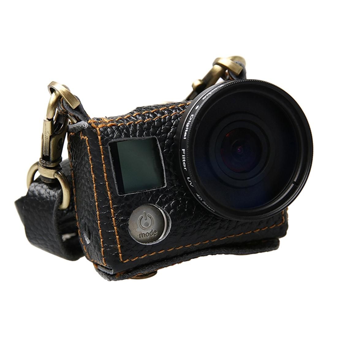 For GoPro HERO4 Litchi Texture Genuine Leather Protective Case with Sling (Black)