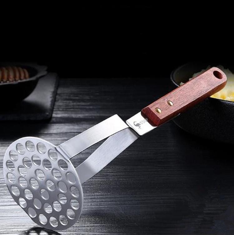 Household Mesh Round Sweet Potato Masher Stainless Steel Potato Press Baby Food Supplement Kitchen Tools (Wooden Handle Potato Press)