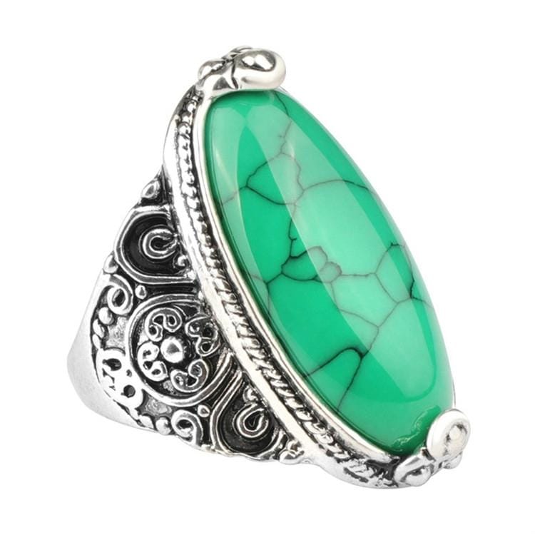 Fashion Vintage Oval Turquoise Flower Ring Women Antique Silver Jewelry, Ring Size:10 (Green)