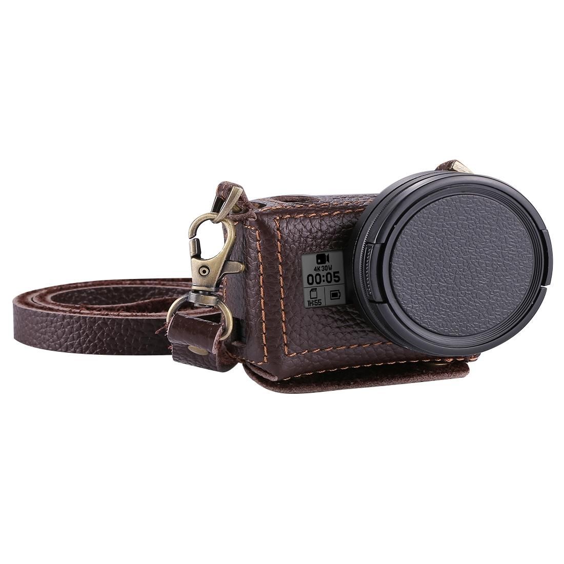 PULUZ for GoPro HERO6 /5 Litchi Texture Genuine Leather Housing Case with Set Key Hole & Neck Strap & 52mm UV Lens (Brown)