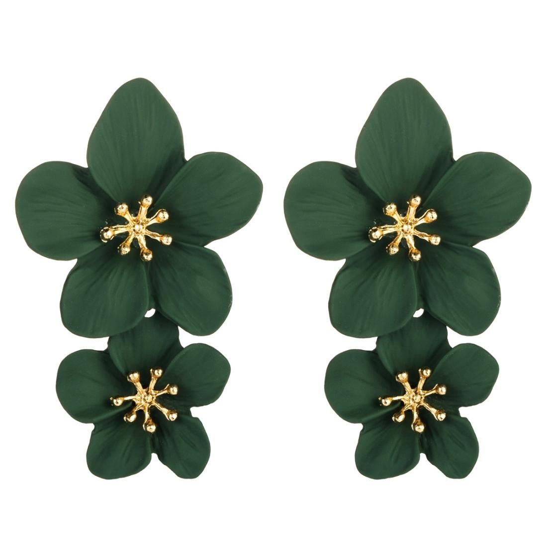 2 PCS Ladies Fashion Geometric Flower Earrings (Dark Green)