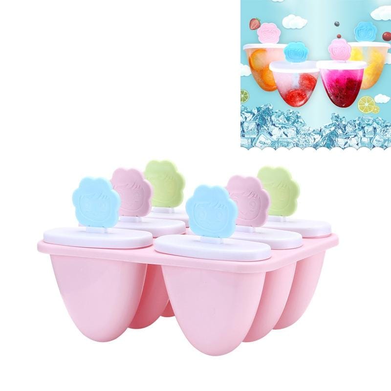 Cartoon Smiley DIY Popsicle Ice Cream Mold Home 6 Grid Homemade Ice Box (Pink)