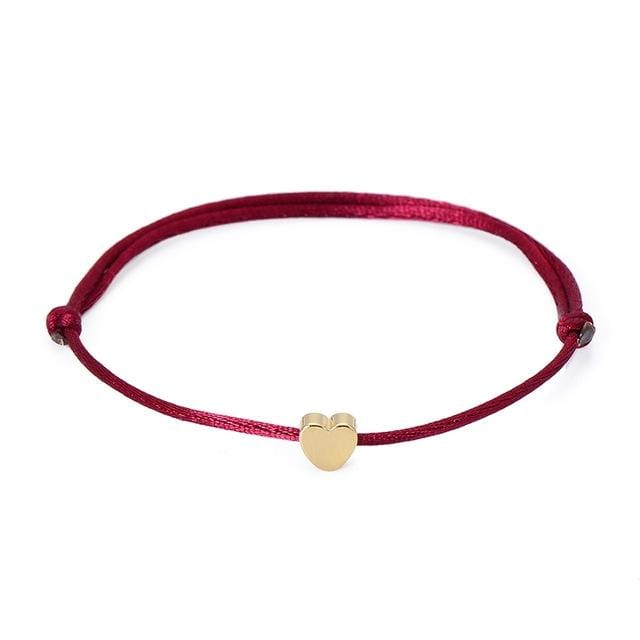 Handmade Rope Adjustable String Lucky Heart Bracelet (Wine red-gold)