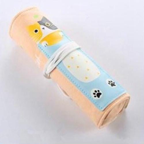 Cat Pattern Pencil Case School Pencil Case Canvas Roll Up Pencil Bag Portable Pencil Box School Supplies (Grass Green Cat)