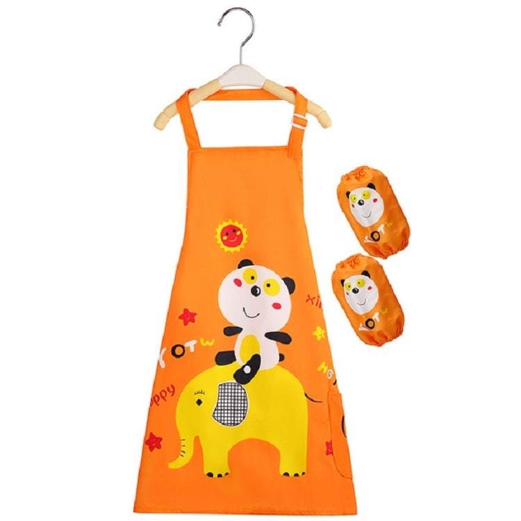 Cartoon Bear Waterproof Apron Disposable Wash Clothes for Children with Oversleeve (Orange)