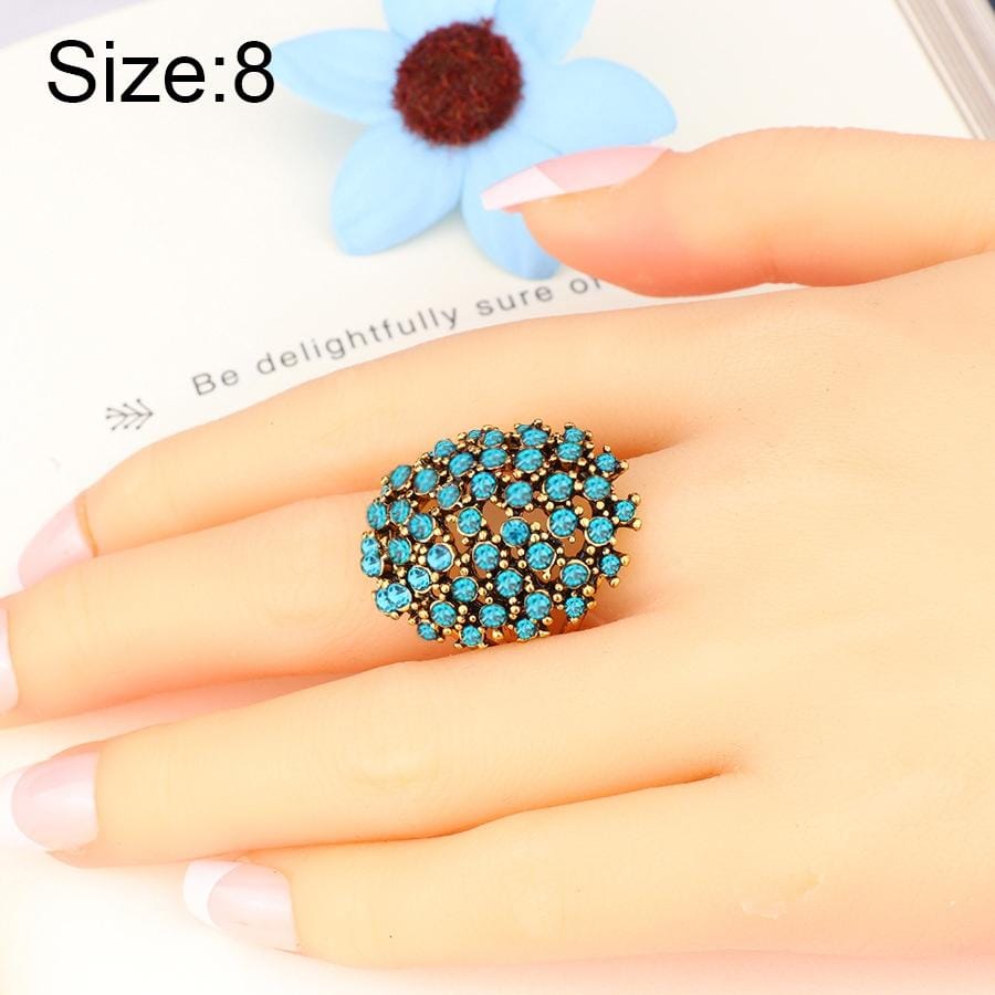 3PCS Women Charms Bohemia Jewelry Antique Resin Ethnic Rings, Ring Size:8 (Blue)