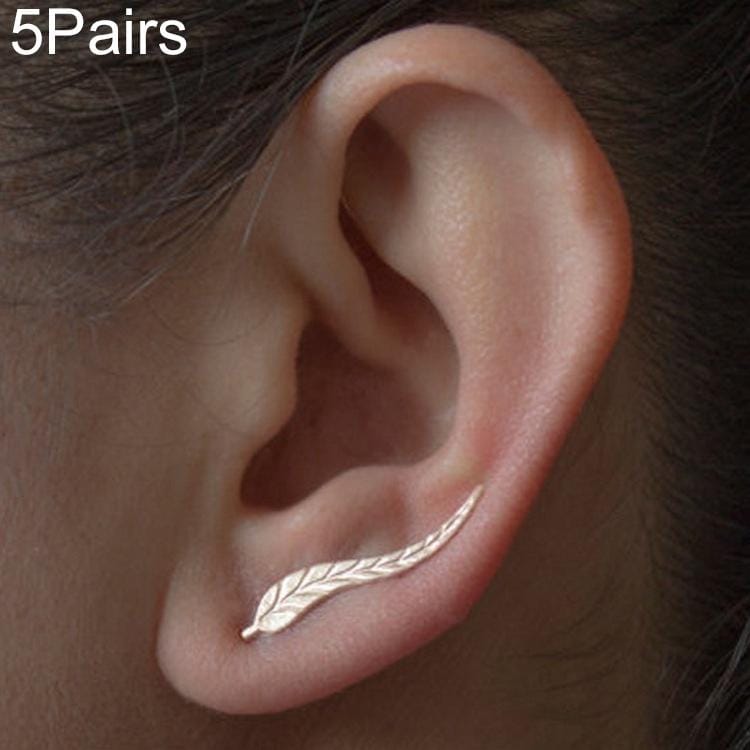 5 Pairs Women Fashion Jewelry Metal Leaf Stud Earrings (Gold)