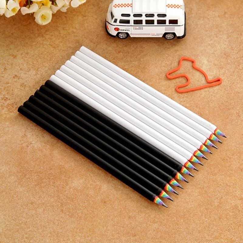 12 PCS Rainbow HB Environmental Pencil Paper Rod Pen (6 PCS Black + 6 PCS White)