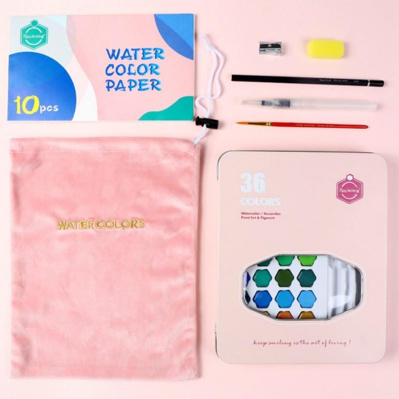 36 Color Solid Watercolor Paint Portable Tin Box Beginner Hand-painted Painting Tool Set / Single Box (Black)