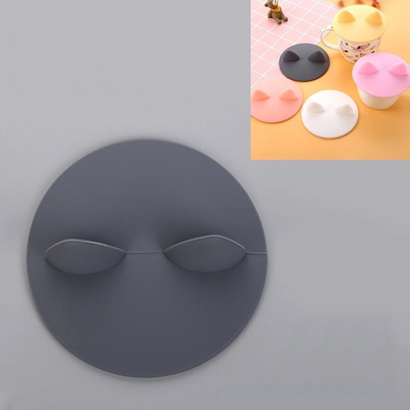 Silicone Cartoon Cat Ear Shape Universal Water Cup Lid Round Non-toxic Cup Lid (Gray)