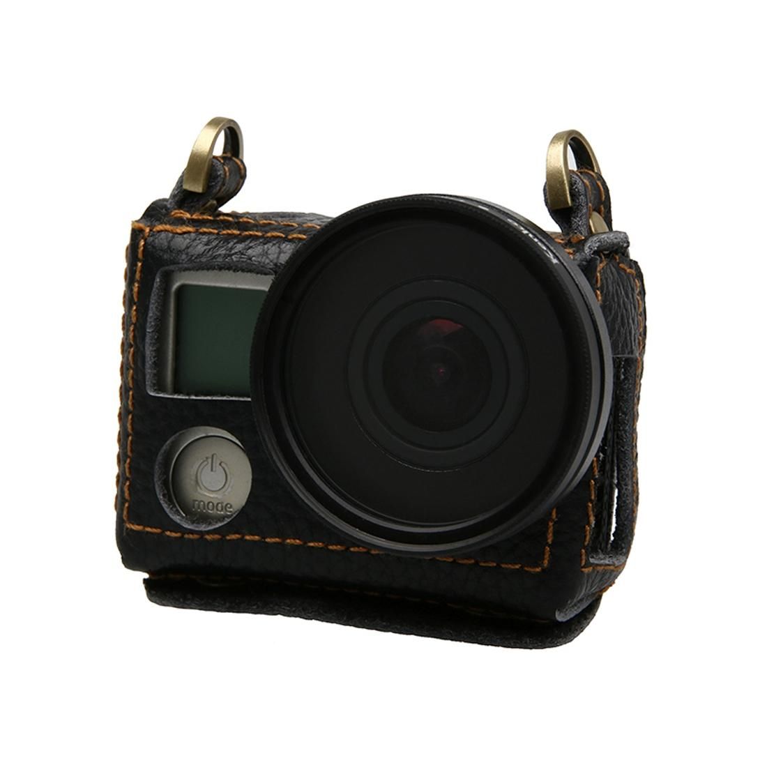For GoPro HERO4 Litchi Texture Genuine Leather Protective Case with Sling (Brown)