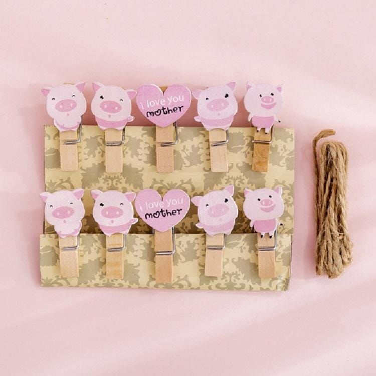 2 PCS Cartoon Hanging Photo Wall Decoration Hemp Rope Creative Colorful Wooden Clip (Pink Pig)