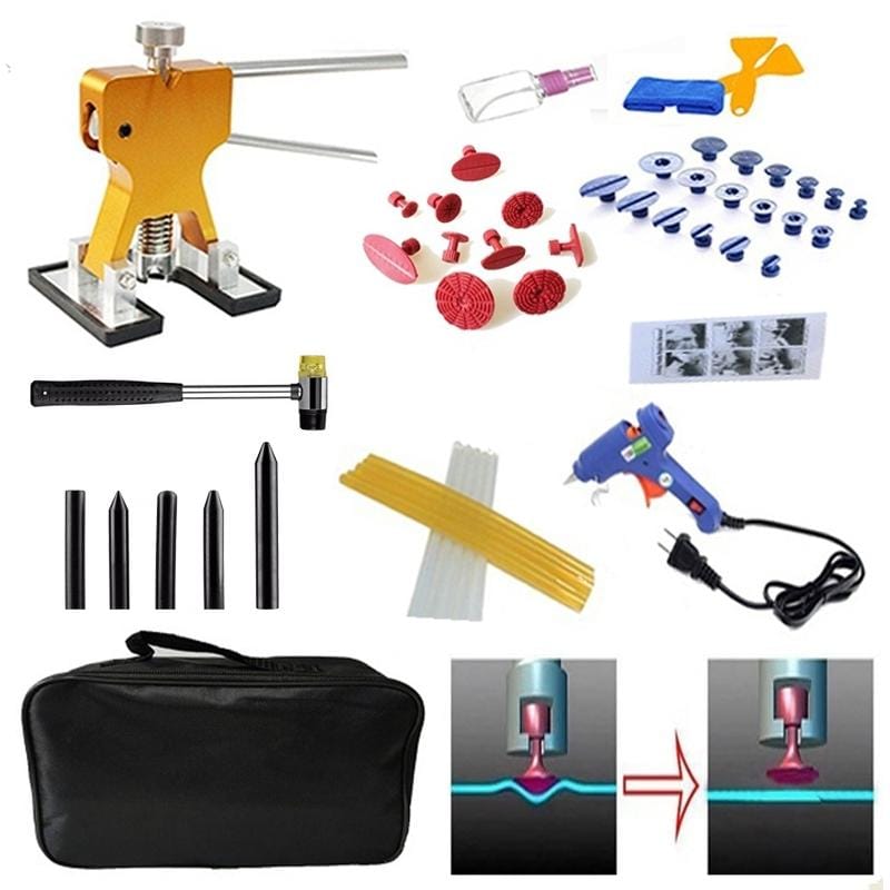 50 PCS Auto Car Metal PDR Dent Lifter-Glue Puller Tab Hail Removal Paintless Car Dent Repair Tools Kit, with 20W Glue Gun, US Plug or EU Plug