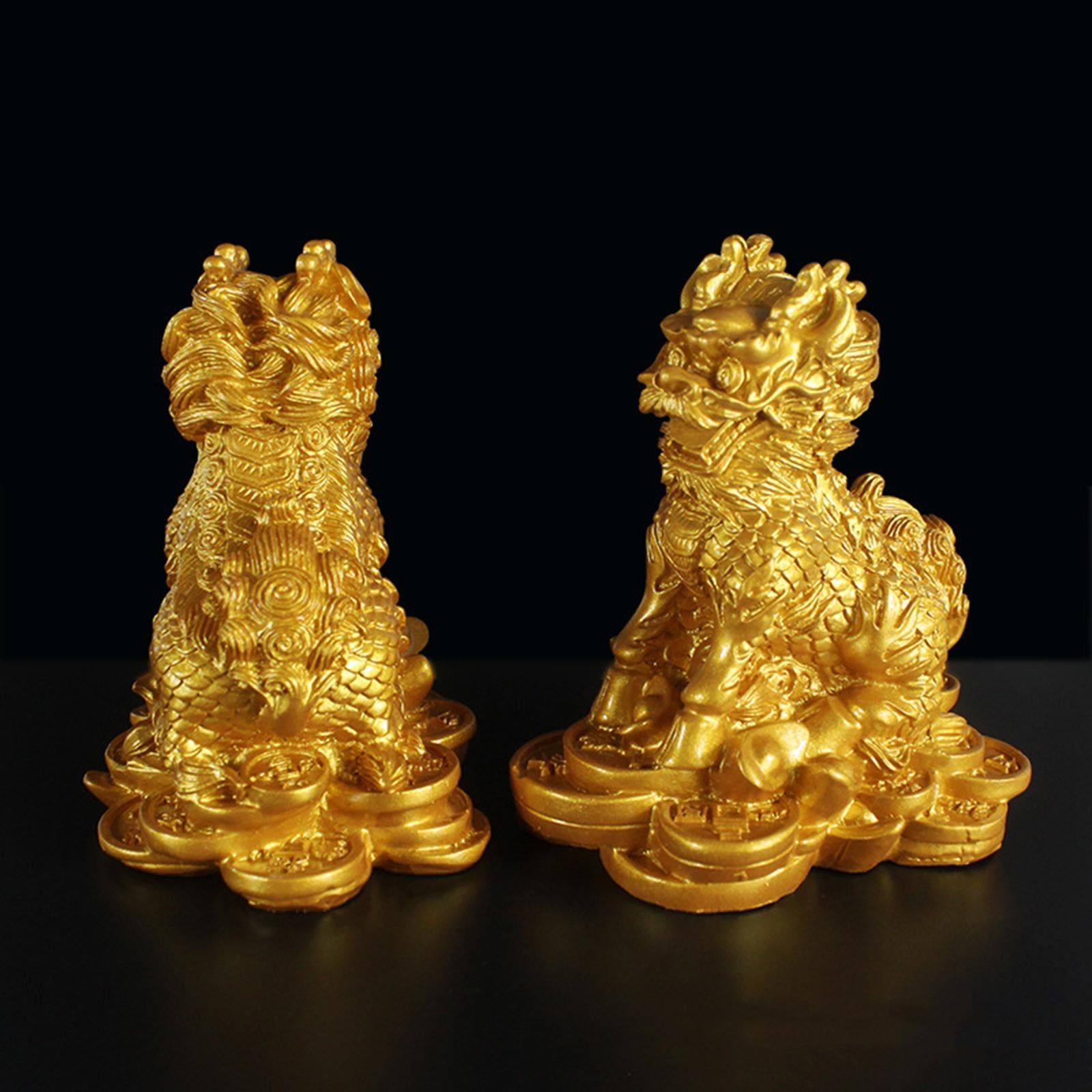 1 Pair Chinese Copper Fengshui Kylin Chi-lin Qilin God Beast Statue for Home Gold 5.5x7cm