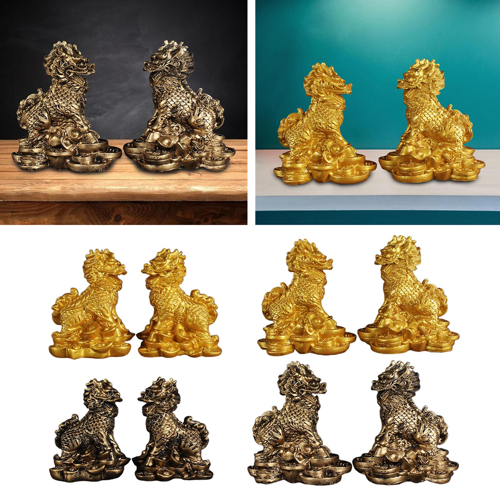 1 Pair Chinese Copper Fengshui Kylin Chi-lin Qilin God Beast Statue for Home Gold 5.5x7cm
