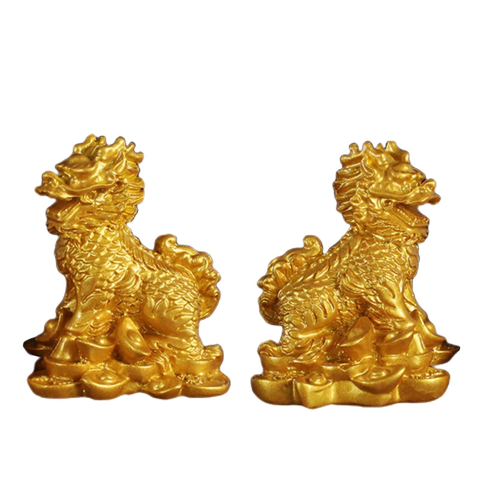 1 Pair Chinese Copper Fengshui Kylin Chi-lin Qilin God Beast Statue for Home Gold 5.5x7cm
