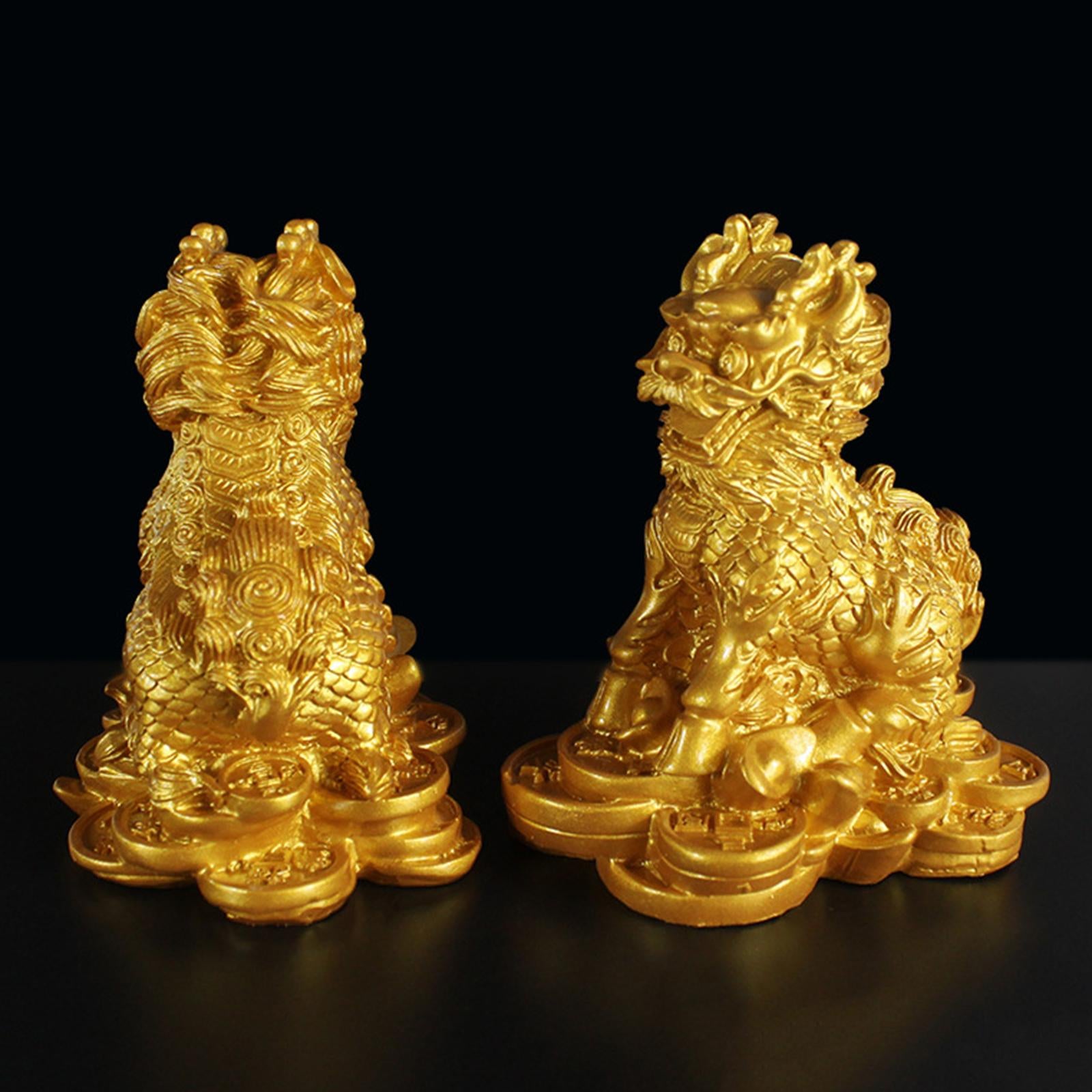 1 Pair Chinese Copper Fengshui Kylin Chi-lin Qilin God Beast Statue for Home Gold 9x9.5cm