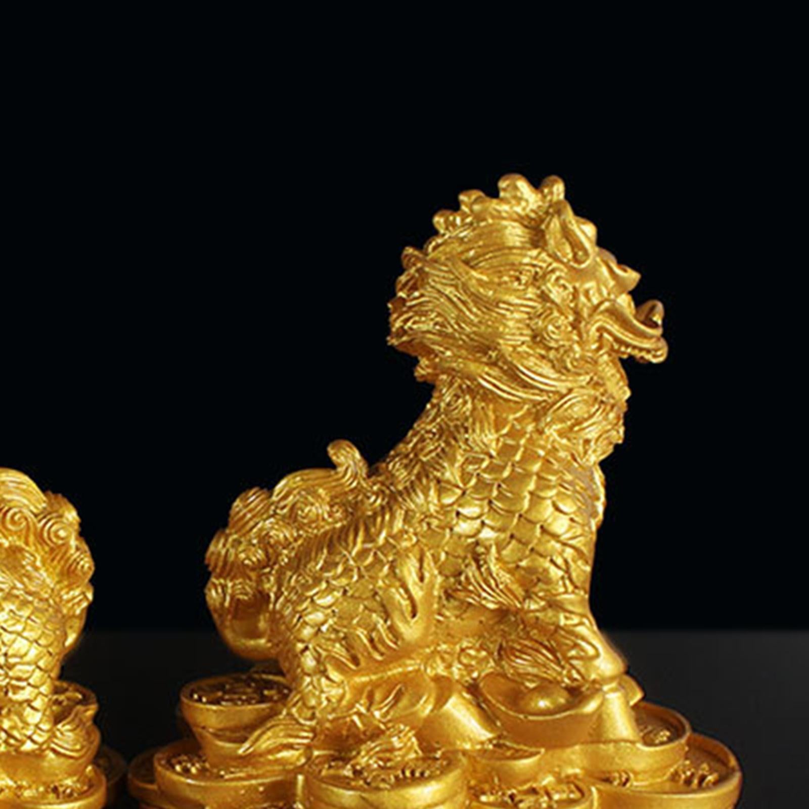 1 Pair Chinese Copper Fengshui Kylin Chi-lin Qilin God Beast Statue for Home Gold 9x9.5cm
