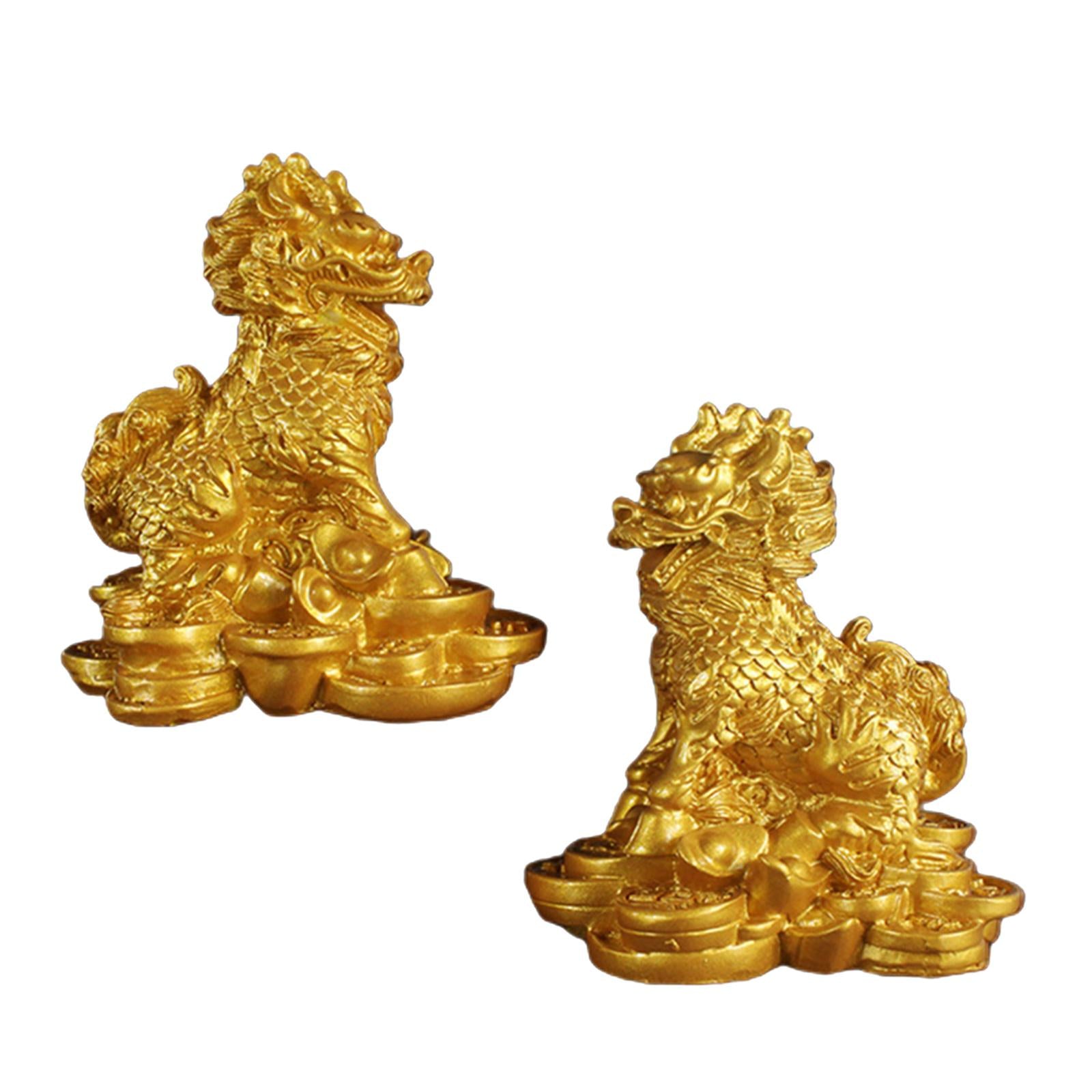 1 Pair Chinese Copper Fengshui Kylin Chi-lin Qilin God Beast Statue for Home Gold 9x9.5cm