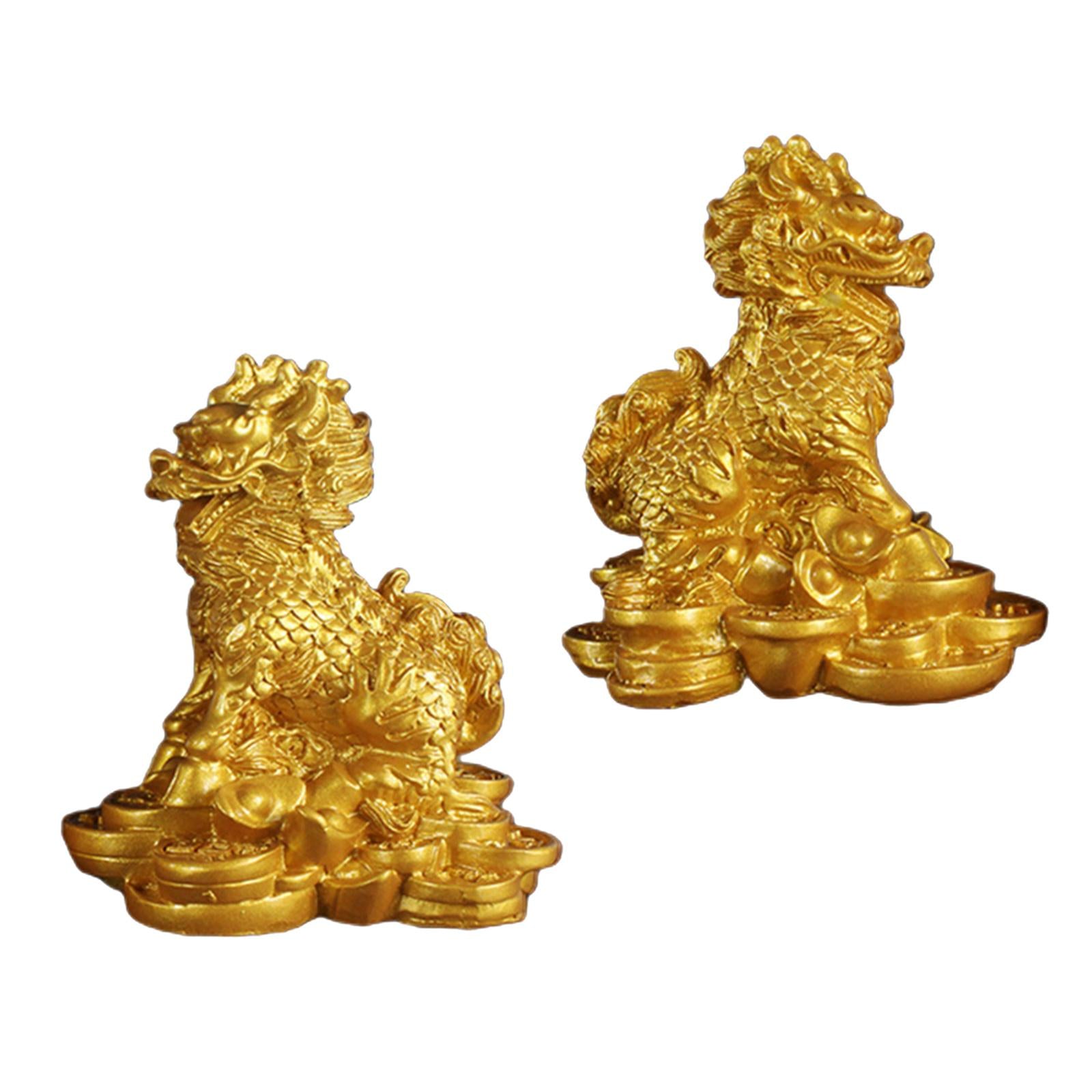 1 Pair Chinese Copper Fengshui Kylin Chi-lin Qilin God Beast Statue for Home Gold 9x9.5cm
