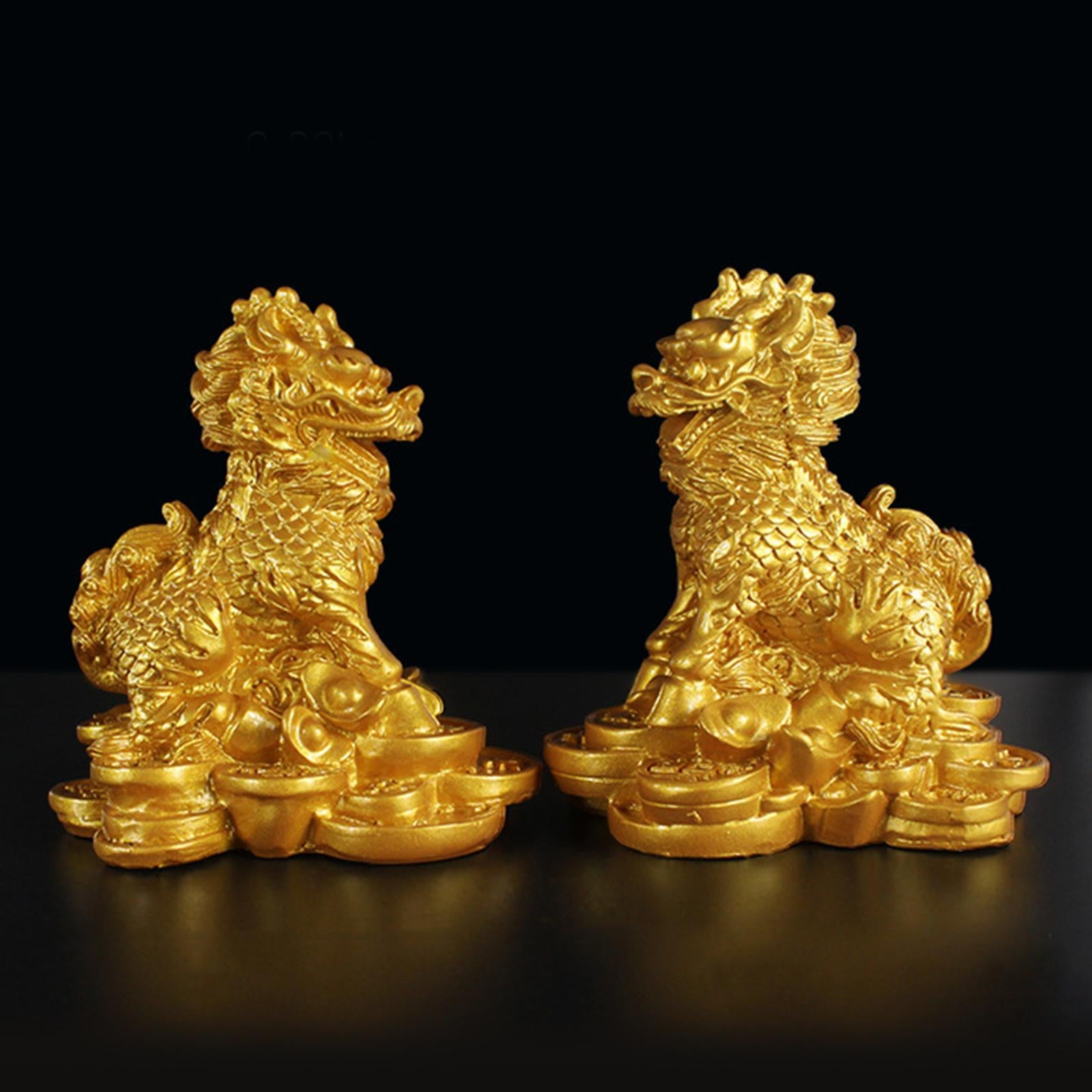 1 Pair Chinese Copper Fengshui Kylin Chi-lin Qilin God Beast Statue for Home Gold 9x9.5cm