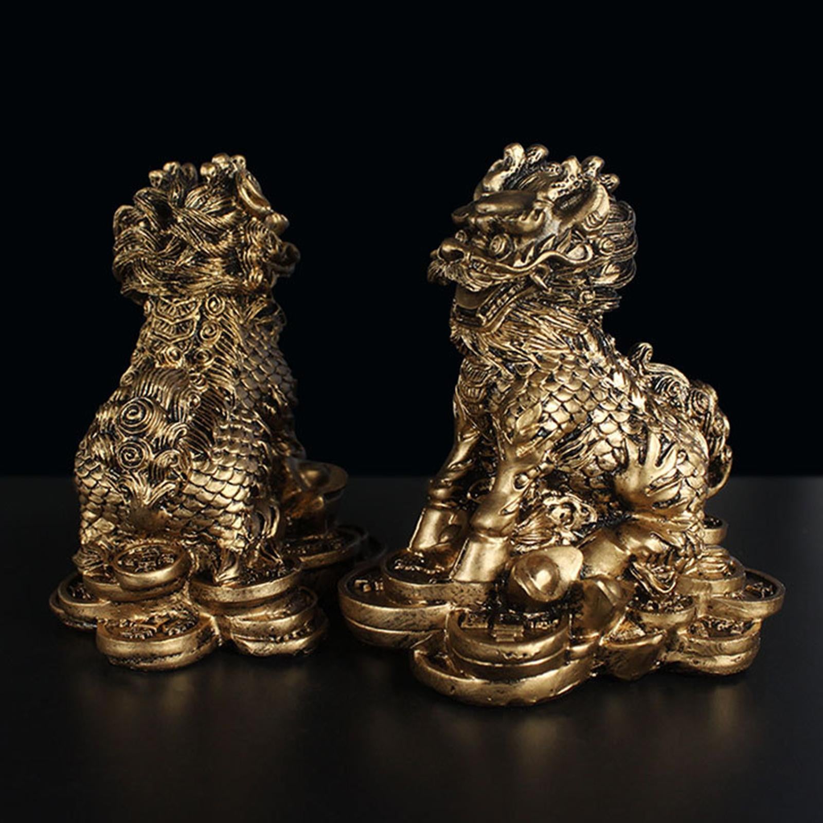 1 Pair Chinese Copper Fengshui Kylin Chi-lin Qilin God Beast Statue for Home Copper 9x9.5cm
