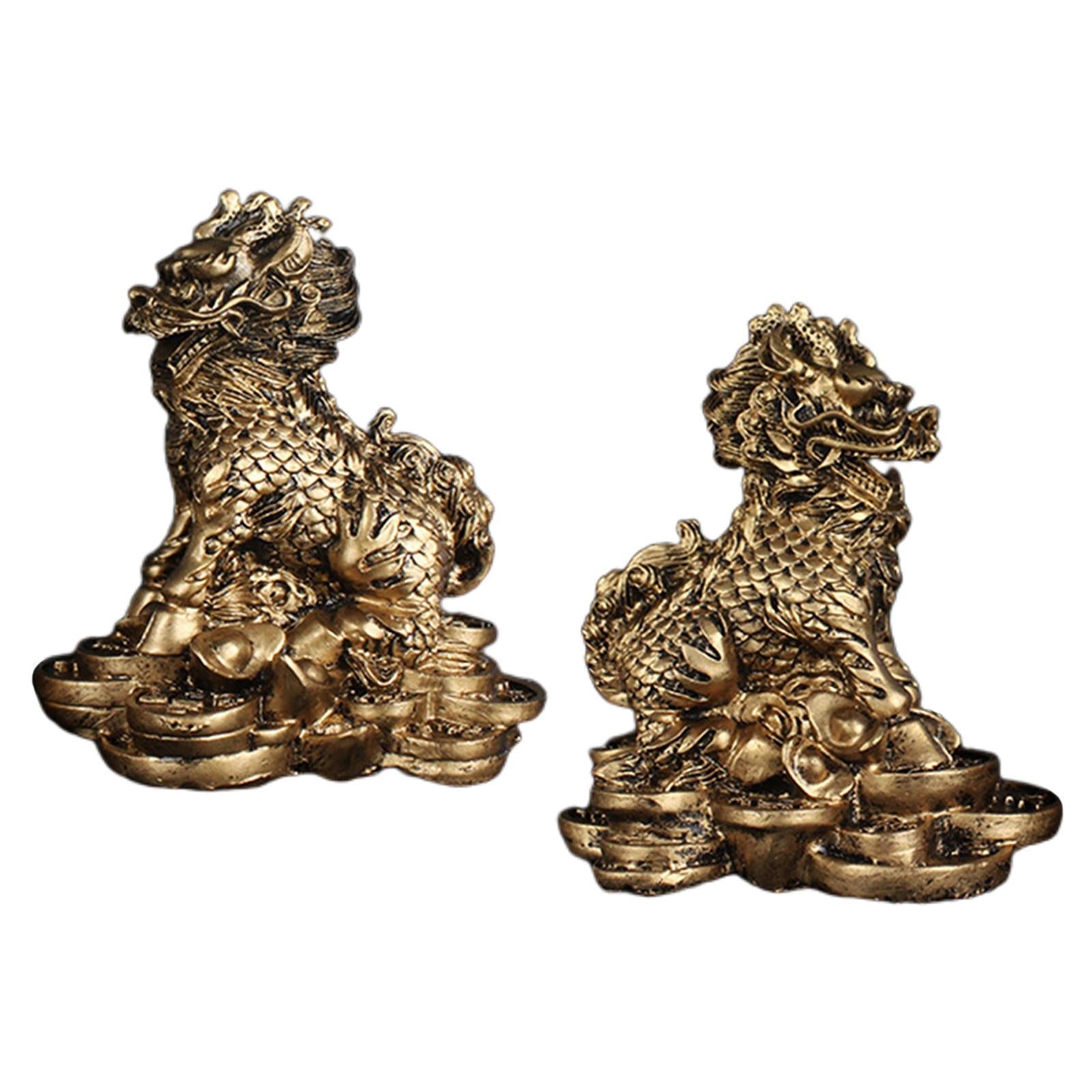 1 Pair Chinese Copper Fengshui Kylin Chi-lin Qilin God Beast Statue for Home Copper 9x9.5cm