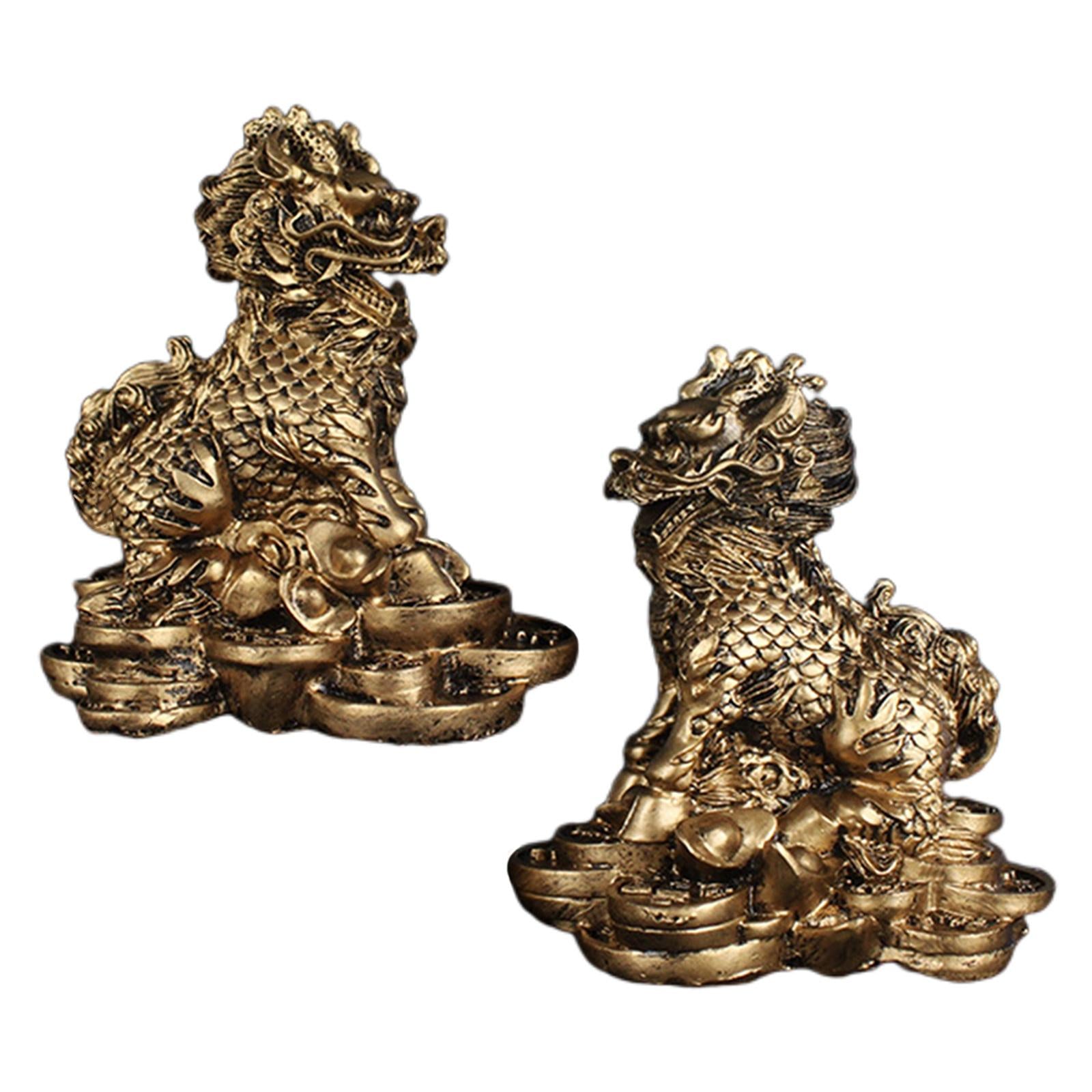 1 Pair Chinese Copper Fengshui Kylin Chi-lin Qilin God Beast Statue for Home Copper 9x9.5cm